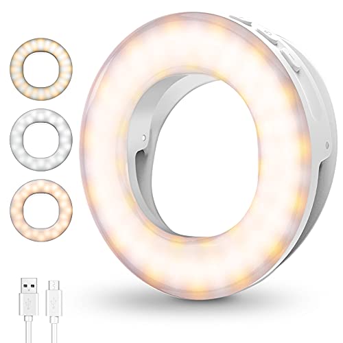 Anillo de Luz LED Fotografia Selfie, Aro de Luz Maquillaje con 4 Modos de Colores, Mini Ring Light de Relleno Recargable, Sujetable para Vídeo Llamada Youtube, TIK Tok Live, Blanco