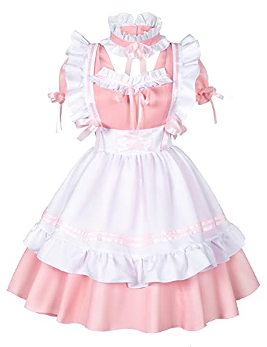 Anime francés criada delantal Lolita Fancy Dress Cosplay traje peludo gato oído guantes calcetines conjunto, Rosa/Rebel Fun., XXX-Large