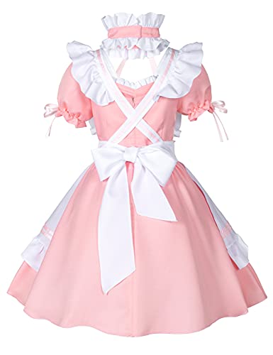 Anime francés criada delantal Lolita Fancy Dress Cosplay traje peludo gato oído guantes calcetines conjunto, Rosa/Rebel Fun., XXX-Large