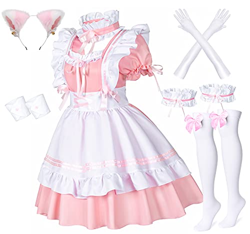 Anime francés criada delantal Lolita Fancy Dress Cosplay traje peludo gato oído guantes calcetines conjunto, Rosa/Rebel Fun., XXX-Large