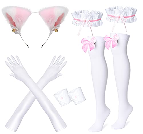 Anime francés criada delantal Lolita Fancy Dress Cosplay traje peludo gato oído guantes calcetines conjunto, Rosa/Rebel Fun., XXX-Large