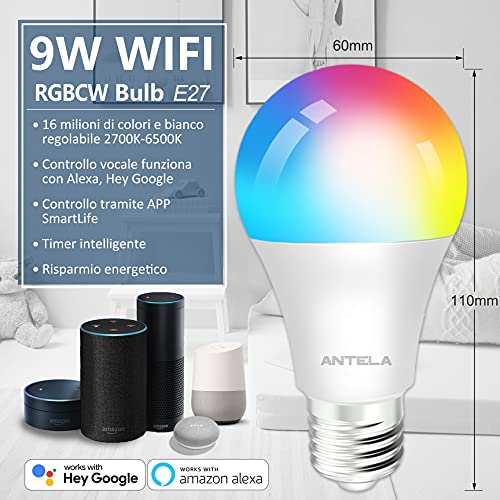 ANTELA Bombilla Inteligente LED E27 Wifi 9W Compatible Con Google Home/Alexa, Bombilla RGB( 2700K-6500K)Luces Colores Regulable, Control Remoto,Control De Voz, Ahorro Energético, Paquete 2
