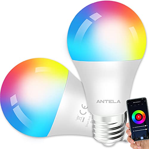 ANTELA Bombilla Inteligente LED E27 Wifi 9W Compatible Con Google Home/Alexa, Bombilla RGB( 2700K-6500K)Luces Colores Regulable, Control Remoto,Control De Voz, Ahorro Energético, Paquete 2