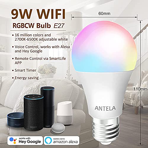 ANTELA Bombilla LED Inteligente WiFi E27 Sin Necesidad de Hub Compatible Alexa, Echo y Google Home, Bombilla LED 10W 1000lm Equivalente ‎80 Watios, Bombilla RGB Blanco Cálido/ Frío, 4 Pack