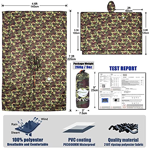 Anyoo Poncho de Lluvia Reusable de Ripstop transpirante Ligero a Prueba de Agua Multiuso Impermeable con Capucha de Lona de Tienda de Campaña Ideal para el Aire Libre Campamento Excursionismo y Pesca