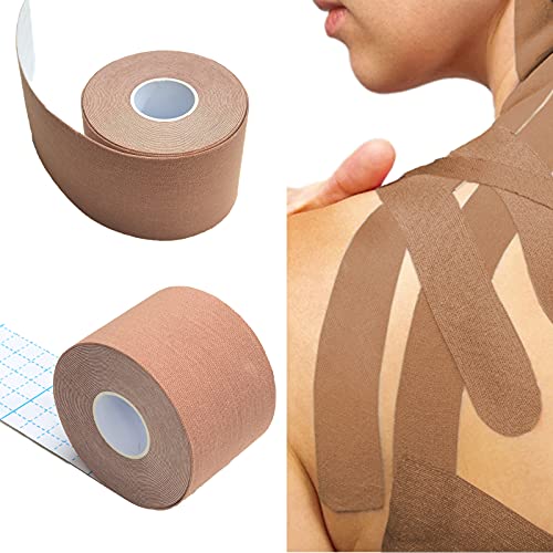 AONAT Cinta de kinesiología,5 mx5 cmVendamuscular adhesiva, Alivio dolor muscular, Elásticas, Impermeable, Vendaje kinesiológico, Apto para múltiples zonas(Beige)