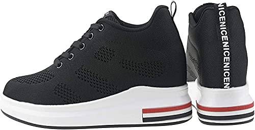 AONEGOLD® Zapatillas de Deporte Transpirables Zapatillas de Cuña para Mujer Alta Talón Plataforma 8cm Sneakers(Negro,36 EU)