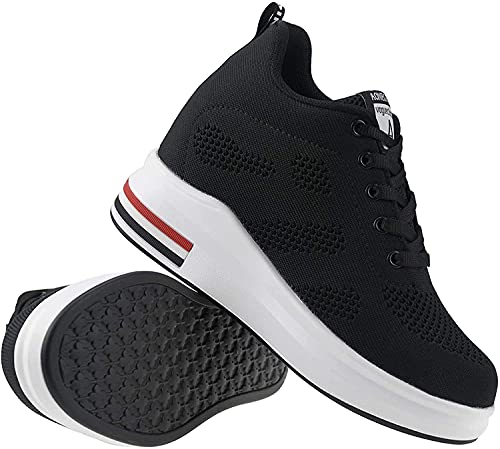 AONEGOLD® Zapatillas de Deporte Transpirables Zapatillas de Cuña para Mujer Alta Talón Plataforma 8cm Sneakers(Negro,36 EU)