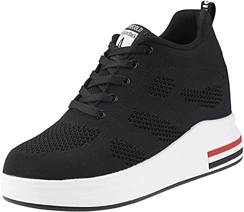 AONEGOLD® Zapatillas de Deporte Transpirables Zapatillas de Cuña para Mujer Alta Talón Plataforma 8cm Sneakers(Negro,36 EU)