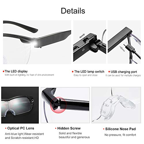 Aooeou Gafas de Lectura con Luz Led,250% Gafas Aumento Gafas Lupa para Leer Manos Libres Lupas de Gran Aumento Filtro de luz azul Anteojos Anti Fatiga, Recargable Lupa para coser, Reparación,Lectura