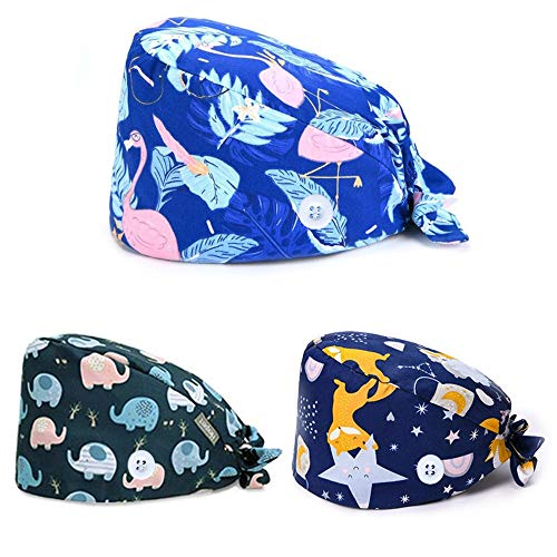 APIKA 3 Piezas Gorros de Fregado de Algodón con Estampado de Dibujos Animados Bonitos con Turbante Ajustable (Flamenco, Zorro, Elefante)