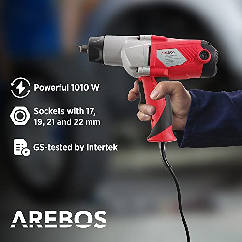 Arebos Atornillador de impacto eléctrico | Llave de impacto ultracompacta | 1100 W, 450 Nm, 2200 rpm | interruptor basculante derecha/izquierda | incluye llaves de vaso de 17, 19, 21 y 22 mm