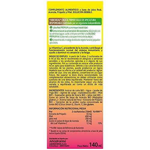 Arkopharma Arkoreal Jarabe Protect Niños BIO 140 ml Pack x2, Jalea Real, Própolis, Vitamina C, Acerola y Miel, Aumenta y Refuerza Defensas, Cansancio, Complemento Alimenticio