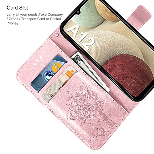 AROYI Funda Compatible con Samsung Galaxy A12/M12, Relieve Dibujo Carcasa Cuero Suave de la PU con Ranuras para Tarjetas Flip Funda Tipo Libro Soporte Plegable Magnético Carcasa Oro Rosa