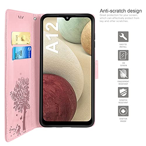 AROYI Funda Compatible con Samsung Galaxy A12/M12, Relieve Dibujo Carcasa Cuero Suave de la PU con Ranuras para Tarjetas Flip Funda Tipo Libro Soporte Plegable Magnético Carcasa Oro Rosa