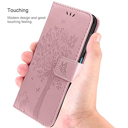 AROYI Funda Compatible con Samsung Galaxy A12/M12, Relieve Dibujo Carcasa Cuero Suave de la PU con Ranuras para Tarjetas Flip Funda Tipo Libro Soporte Plegable Magnético Carcasa Oro Rosa