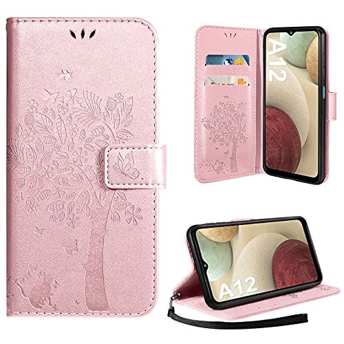 AROYI Funda Compatible con Samsung Galaxy A12/M12, Relieve Dibujo Carcasa Cuero Suave de la PU con Ranuras para Tarjetas Flip Funda Tipo Libro Soporte Plegable Magnético Carcasa Oro Rosa