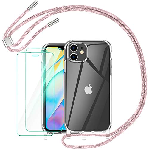 AROYI Funda con Cuerda Compatible con iPhone 12 Mini 5.4 Pulgada y 2 Pack Cristal Templado,Oro Rosa