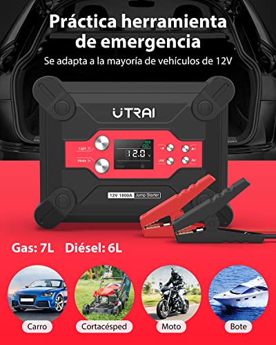 Arrancador de Coches, UTRAI Jstar 6 con Función de Inflado 120 PSI 1800A 24000 mAh (Motor diésel de 7L a Gas y 6L) Batería de 12 V con Bomba de Aire, Pantalla LCD para automóviles