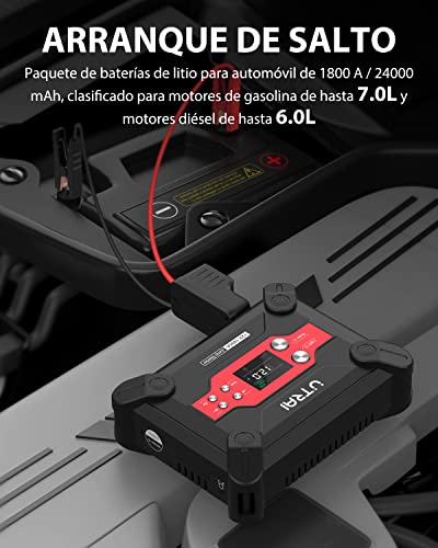 Arrancador de Coches, UTRAI Jstar 6 con Función de Inflado 120 PSI 1800A 24000 mAh (Motor diésel de 7L a Gas y 6L) Batería de 12 V con Bomba de Aire, Pantalla LCD para automóviles