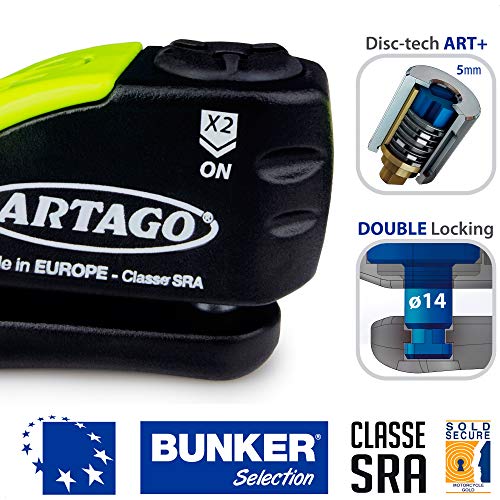 Artago 30X14 Candado Antirrobo Disco con Alarma Don't Touch 120 dB Alta Gama, ø14 Doble Cierre, Homologado Sra y Sold Secure Gold, Bunker Selection, Negro/Amarillo, 14 mm