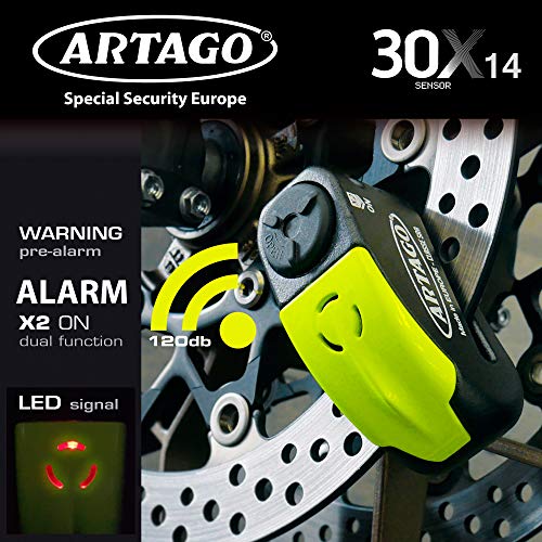 Artago 30X14 Candado Antirrobo Disco con Alarma Don't Touch 120 dB Alta Gama, ø14 Doble Cierre, Homologado Sra y Sold Secure Gold, Bunker Selection, Negro/Amarillo, 14 mm