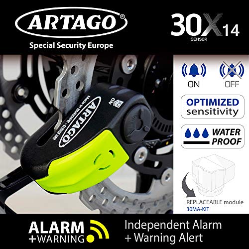 Artago 30X14 Candado Antirrobo Disco con Alarma Don't Touch 120 dB Alta Gama, ø14 Doble Cierre, Homologado Sra y Sold Secure Gold, Bunker Selection, Negro/Amarillo, 14 mm