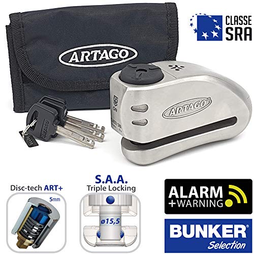 Artago 32 Candado Moto Antirrobo Disco con Alarma Don't Touch 120 db, Alta Gama, ø15 Cierre S.A.A, Homologado Sra, Acero Inoxidable