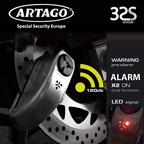 Artago 32 Candado Moto Antirrobo Disco con Alarma Don't Touch 120 db, Alta Gama, ø15 Cierre S.A.A, Homologado Sra, Acero Inoxidable