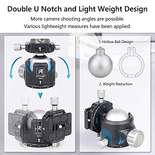 ARTCISE MB52 - Cabezal De Bola Para Trípode De Perfil Bajo (Metal, Doble Cabeza De Bola Panorámica, 52 mm De Diámetro, dos Placas de Liberación Rápida de 1/4" Para Trípode, Carga Máxima de 30 kg)