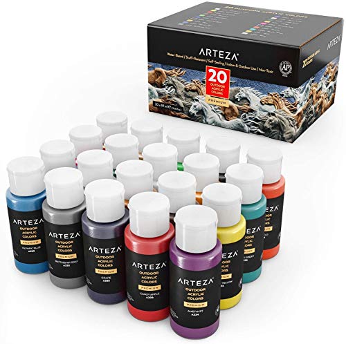 Arteza Pintura acrílica para manualidades en exteriores | Caja de 20 frascos de 59 ml | 20 colores | Pinturas acrílicas de exterior para piedra, madera, tela, cuero, papel, lienzos y pinturas murales