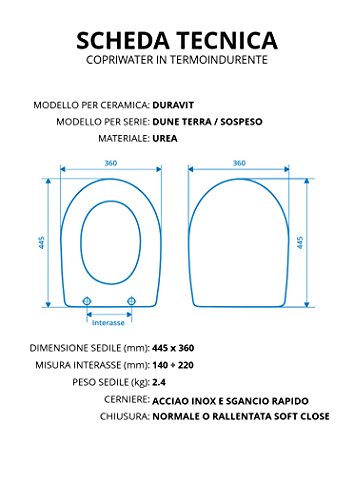 Asiento de inodoro para Duravit Dune Terra/suspendido termoestable, blanco, bisagra de acero inoxidable normal o ralentizado Soft Close – Bisagra/cierre: lento (cierre suave)