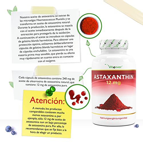 Astaxantina 12 mg Depot - 150 cápsulas de gelatina blanda (suministro para 10 meses) - De microalgas Haematococcus Pluvialis puras - Biodisponibilidad optimizada con vitamina E y aceite de oliva