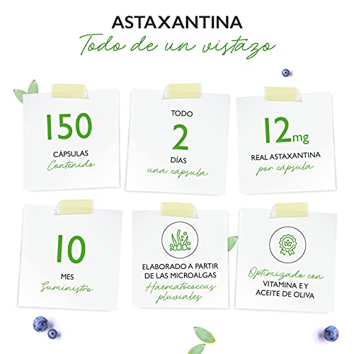 Astaxantina 12 mg Depot - 150 cápsulas de gelatina blanda (suministro para 10 meses) - De microalgas Haematococcus Pluvialis puras - Biodisponibilidad optimizada con vitamina E y aceite de oliva