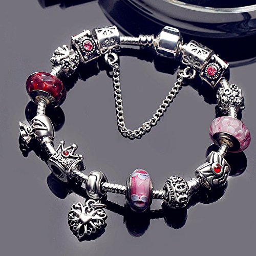 ATE Charm Pulsera Abalorios Corona Corazón Mujeres Cadena Seguridad JWB110