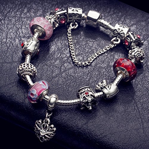 ATE Charm Pulsera Abalorios Corona Corazón Mujeres Cadena Seguridad JWB110