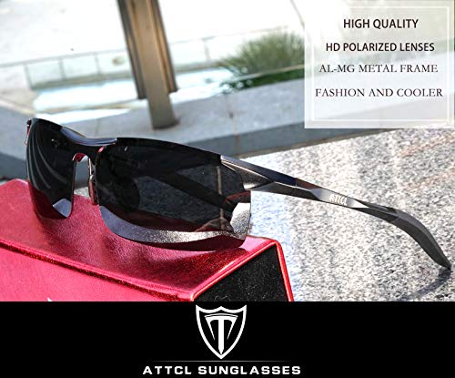 ATTCL Hombre Gafas De Sol Deportes Polarizado Súper Ligero Al-Mg Marco De Metal 8177 Black