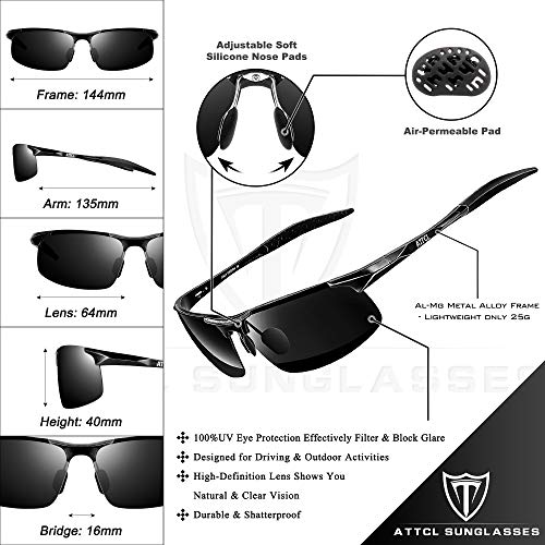 ATTCL Hombre Gafas De Sol Deportes Polarizado Súper Ligero Al-Mg Marco De Metal 8177 Black