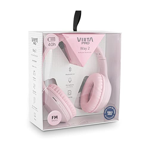 Auricular Diadema Way 2 de Vieta Pro, con Bluetooth 5.0, entrada Aux-in, micrófono incluido, Radio Fm, Micro SD y batería de hasta 40 horas. Color Rosa.