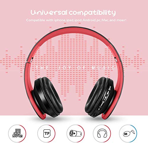 Auriculares Bluetooth para niños, Auriculares Plegable para niños con Volumen Limitado, niñas y niños, Auriculares Ajustable y Plegable con micrófono-Rojo Negro