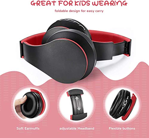 Auriculares Bluetooth para niños, Auriculares Plegable para niños con Volumen Limitado, niñas y niños, Auriculares Ajustable y Plegable con micrófono-Rojo Negro
