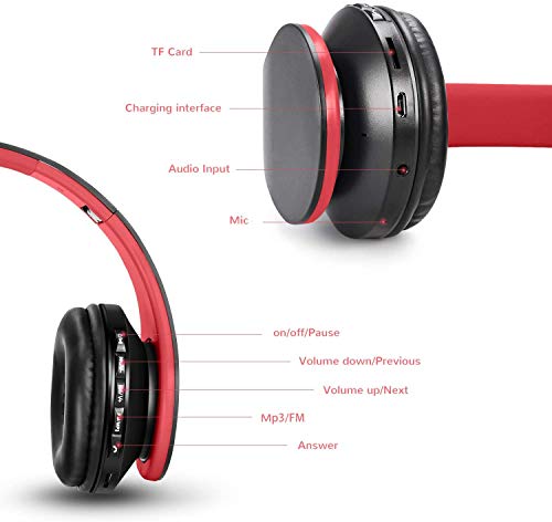 Auriculares Bluetooth para niños, Auriculares Plegable para niños con Volumen Limitado, niñas y niños, Auriculares Ajustable y Plegable con micrófono-Rojo Negro