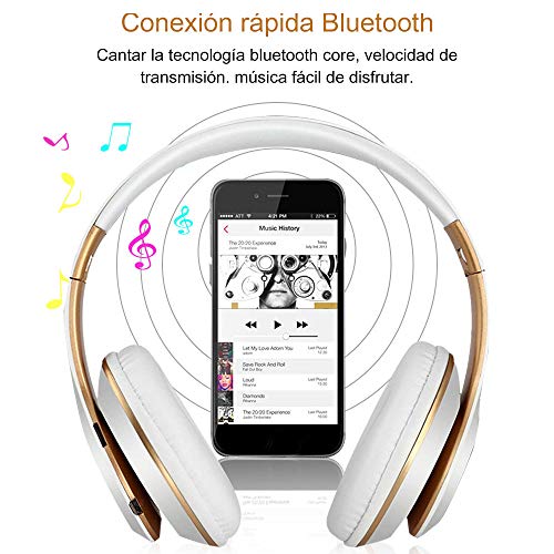 Auriculares Cerrados Inalámbricos 6S, Alta fidelidad Estéreo Auriculares Estéreo Inalámbricos Plegables, Micrófono Incorporado, Micro SD/TF, FM (para iPhone/Samsung/iPad/PC) (Blanco y Oro)