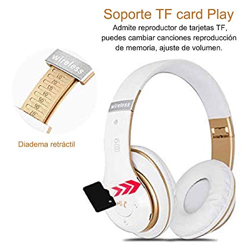 Auriculares Cerrados Inalámbricos 6S, Alta fidelidad Estéreo Auriculares Estéreo Inalámbricos Plegables, Micrófono Incorporado, Micro SD/TF, FM (para iPhone/Samsung/iPad/PC) (Blanco y Oro)