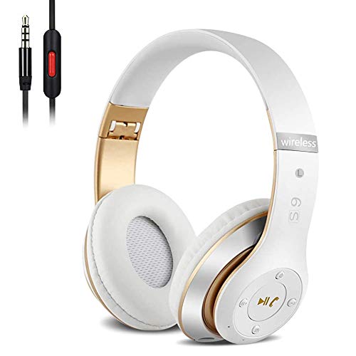 Auriculares Cerrados Inalámbricos 6S, Alta fidelidad Estéreo Auriculares Estéreo Inalámbricos Plegables, Micrófono Incorporado, Micro SD/TF, FM (para iPhone/Samsung/iPad/PC) (Blanco y Oro)