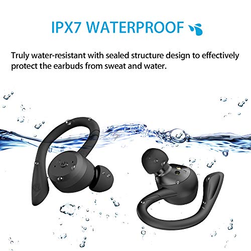 Auriculares deportivos intrauditivos APEKX True Wireless Bluetooth 5.1 deportivos, sonido estéreo impermeable IPX7, con micrófono incorporados para entrenamientos de gimnasio (negro)