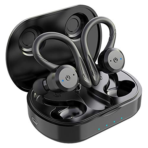 Auriculares deportivos intrauditivos APEKX True Wireless Bluetooth 5.1 deportivos, sonido estéreo impermeable IPX7, con micrófono incorporados para entrenamientos de gimnasio (negro)