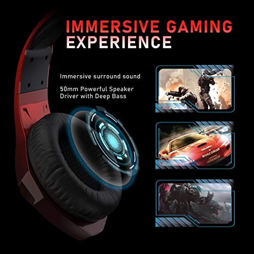 Auriculares Gaming con Microfono para PS4 PC Xbox One PS5 Switch Fortnite Gamer Computadora NEEDONE K19 Cascos Gaming con Bass Surround Cancelacion Ruido Diadema Acolchada y Ajustable Rojo