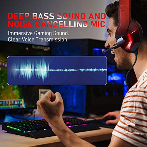 Auriculares Gaming con Microfono para PS4 PC Xbox One PS5 Switch Fortnite Gamer Computadora NEEDONE K19 Cascos Gaming con Bass Surround Cancelacion Ruido Diadema Acolchada y Ajustable Rojo