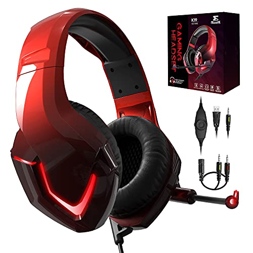 Auriculares Gaming con Microfono para PS4 PC Xbox One PS5 Switch Fortnite Gamer Computadora NEEDONE K19 Cascos Gaming con Bass Surround Cancelacion Ruido Diadema Acolchada y Ajustable Rojo